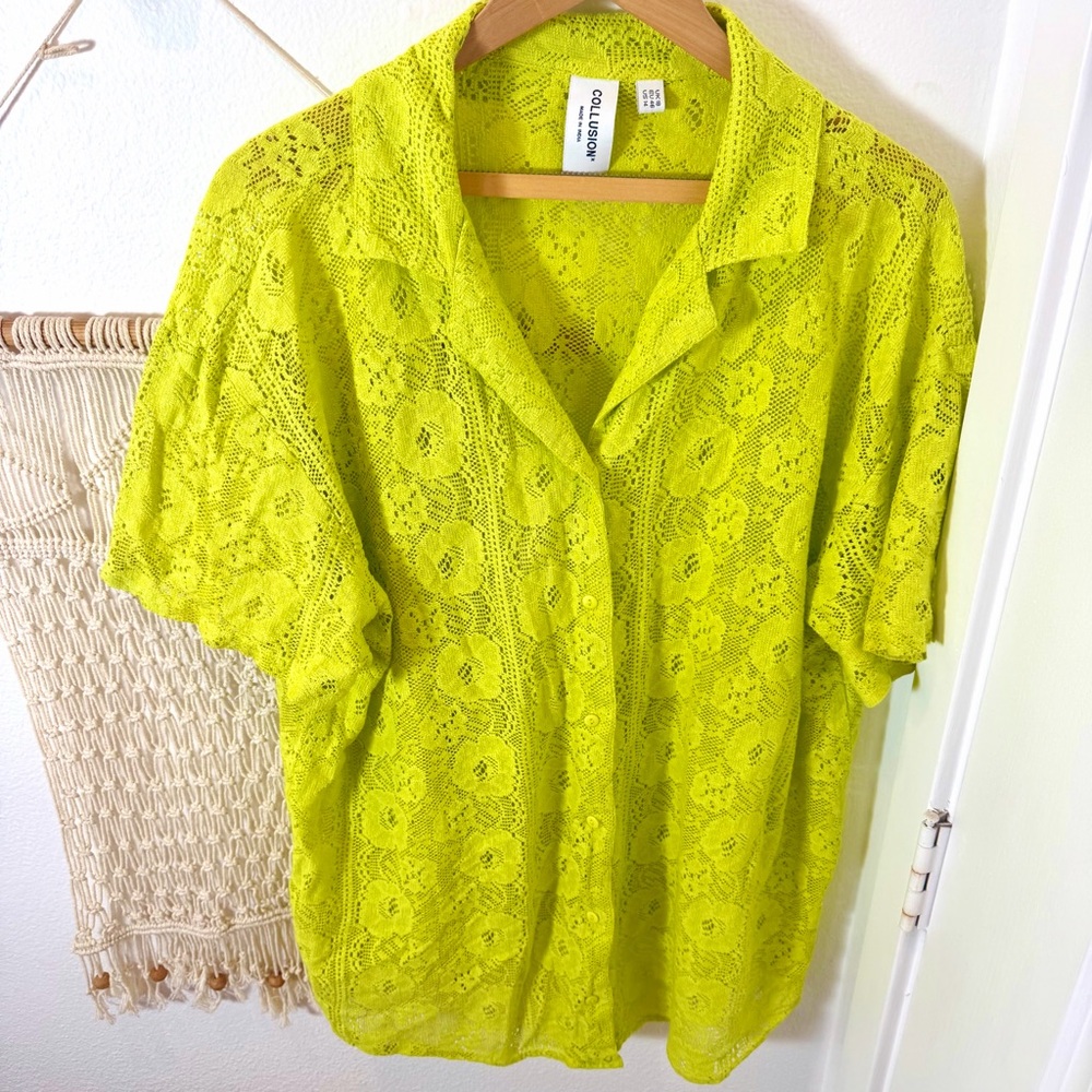 Beach Cover Up Bohemian Green Lime Neon Lace Button Up Shirt XL